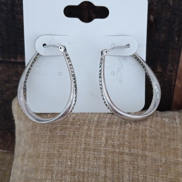 Silver Tone Rhinestone Loop Earrings - Picture 5 of 6